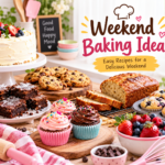 Weekend Baking Ideas featuring homemade cake, cookies, brownies, cupcakes, bread, and muffins on a cozy kitchen table.