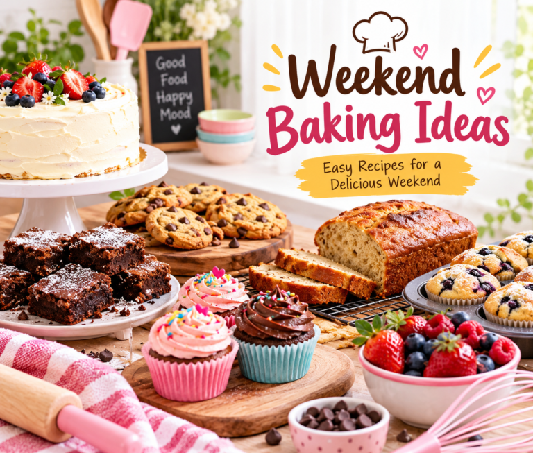 Weekend Baking Ideas featuring homemade cake, cookies, brownies, cupcakes, bread, and muffins on a cozy kitchen table.