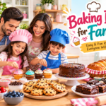 “Baking Ideas for Family featuring a family baking together with colorful cupcakes, cookies, cake, brownies, bread, and muffins in a bright kitchen.”
