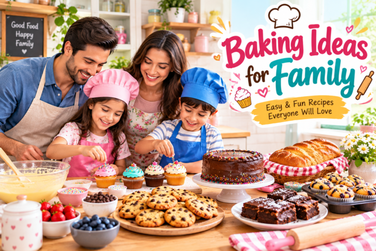 “Baking Ideas for Family featuring a family baking together with colorful cupcakes, cookies, cake, brownies, bread, and muffins in a bright kitchen.”