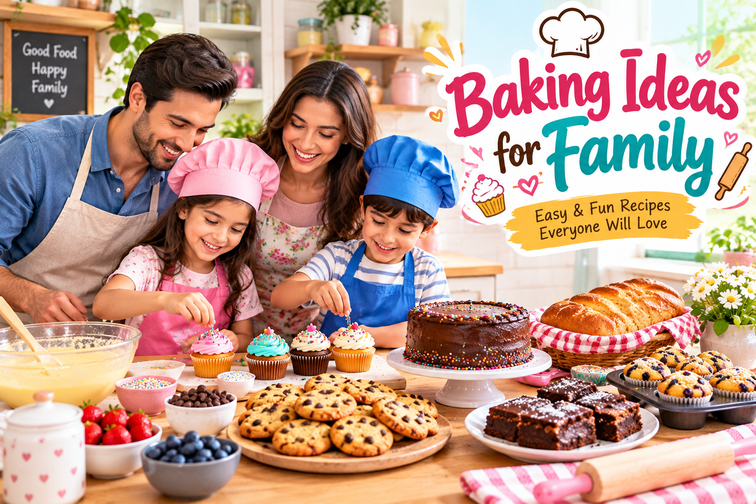 “Baking Ideas for Family featuring a family baking together with colorful cupcakes, cookies, cake, brownies, bread, and muffins in a bright kitchen.”