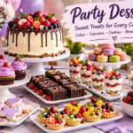 Party Desserts with cupcakes, brownies, cookies and colorful sweet treats