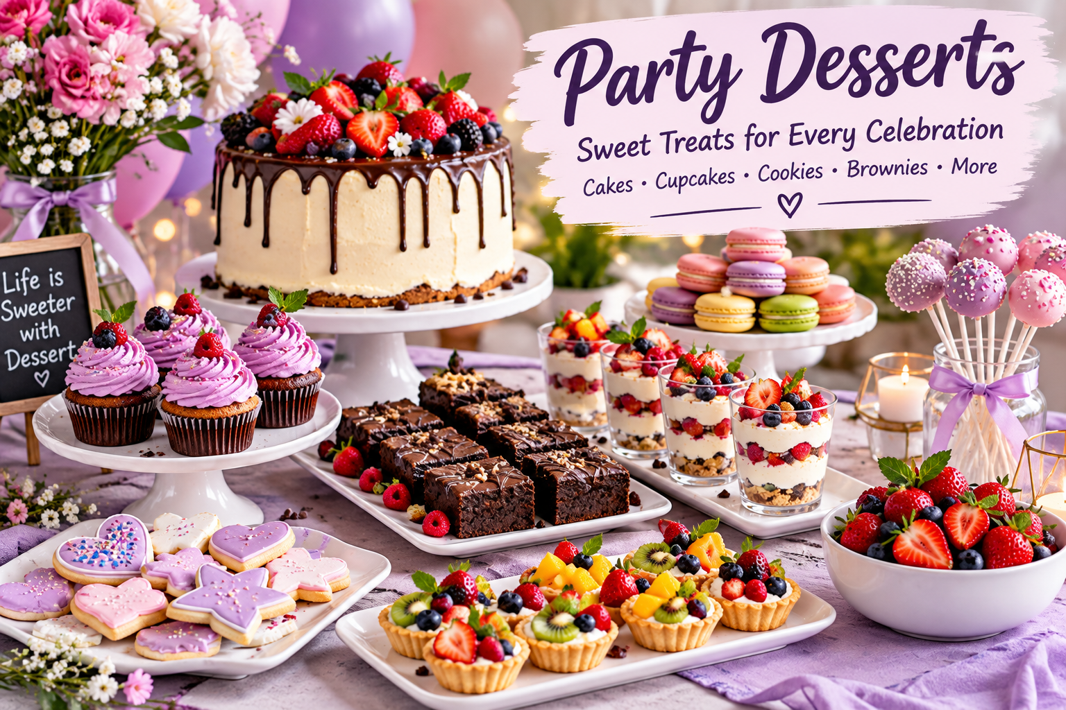 Party Desserts with cupcakes, brownies, cookies and colorful sweet treats
