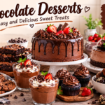 Chocolate Desserts with cake, brownies, mousse, and cookies.