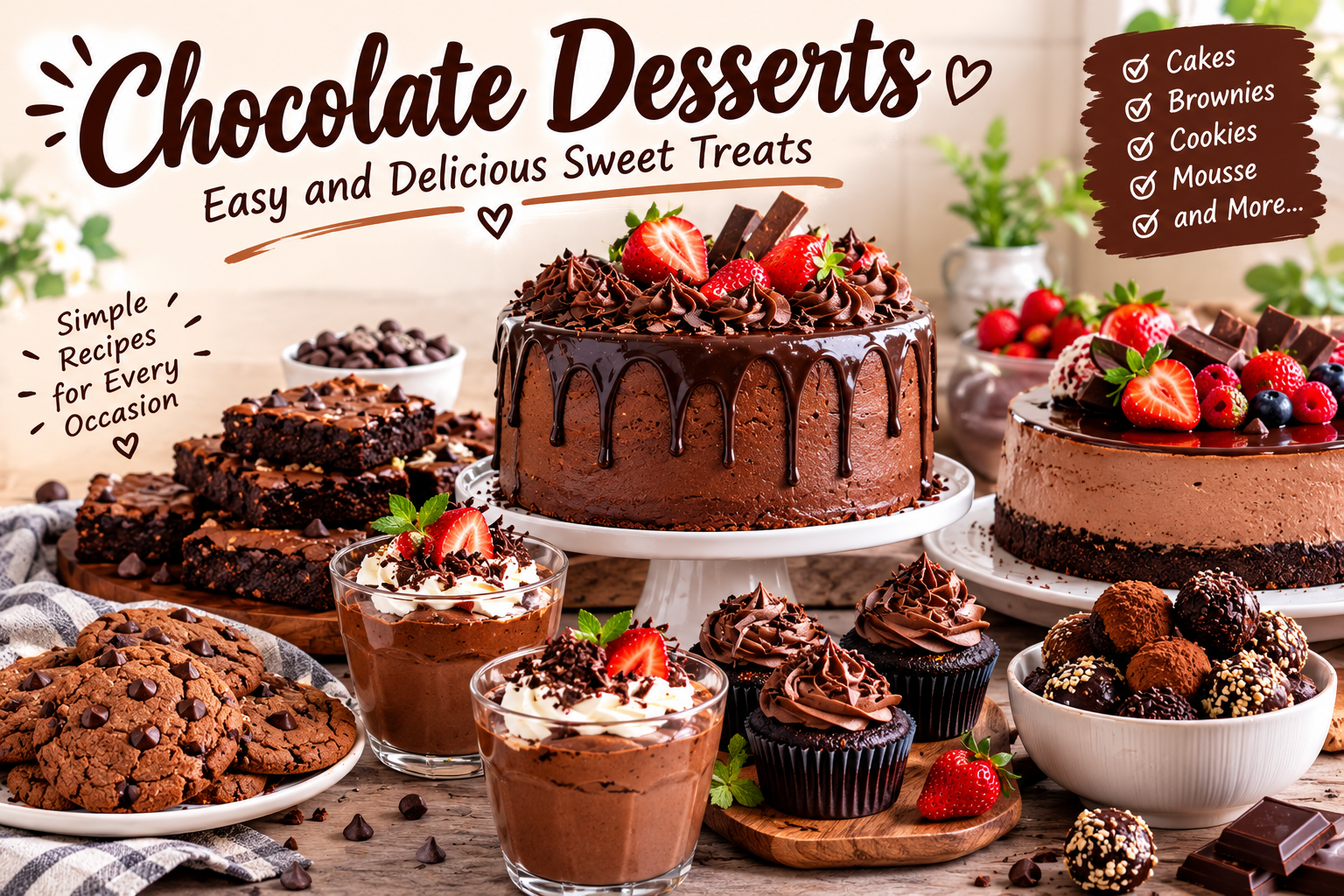 Chocolate Desserts with cake, brownies, mousse, and cookies.