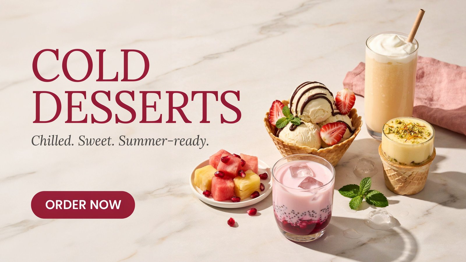 Cold Desserts with ice cream, fruit, mousse and cheesecake