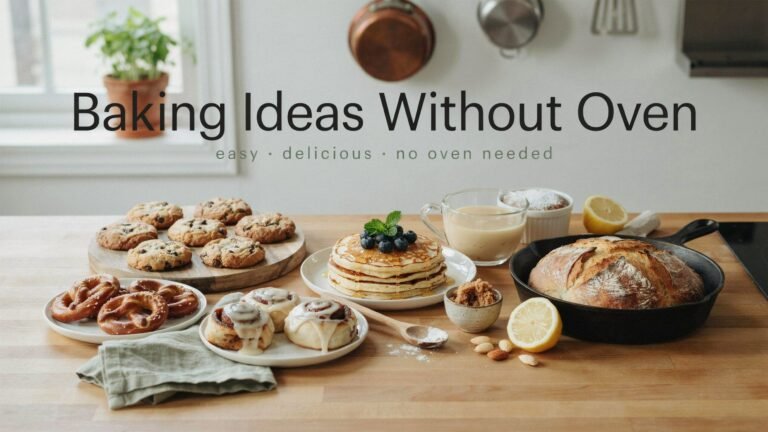 featuring colorful no-bake chocolate dessert, steamed cake, homemade flatbread, fruit dessert, and baking ingredients in a bright modern kitchen.”