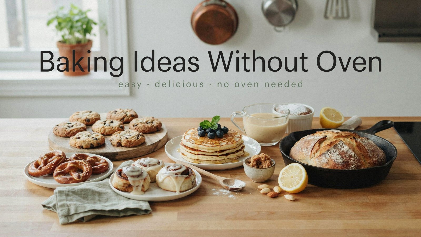 featuring colorful no-bake chocolate dessert, steamed cake, homemade flatbread, fruit dessert, and baking ingredients in a bright modern kitchen.”